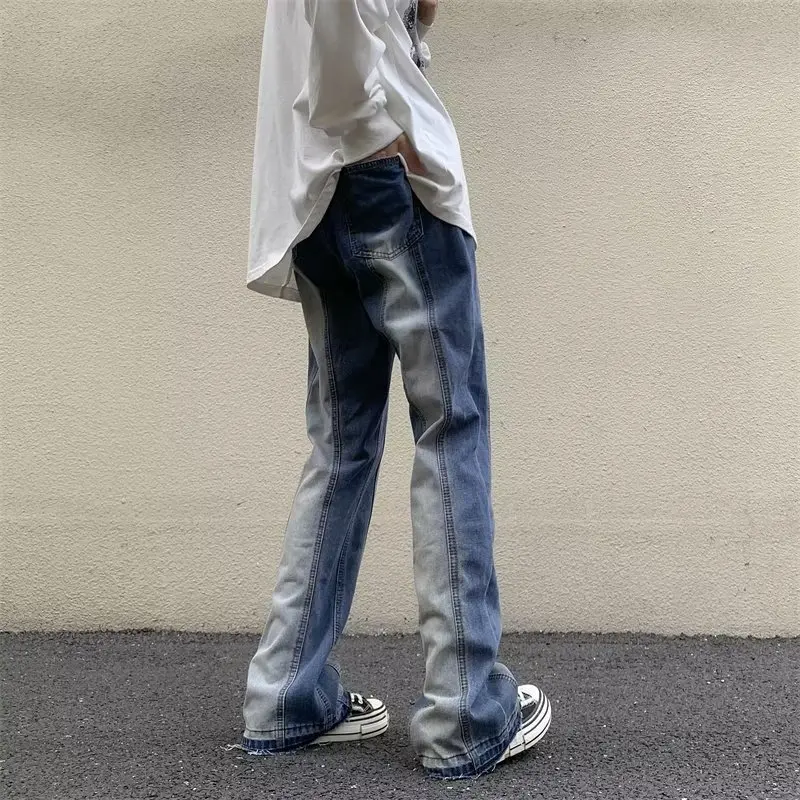 YIHANKE Four Seasons Men Loose Straight Wide Leg Ins Trend Light Color Stitching Pants Fashion Streetwear Ins Hot Selling Denim