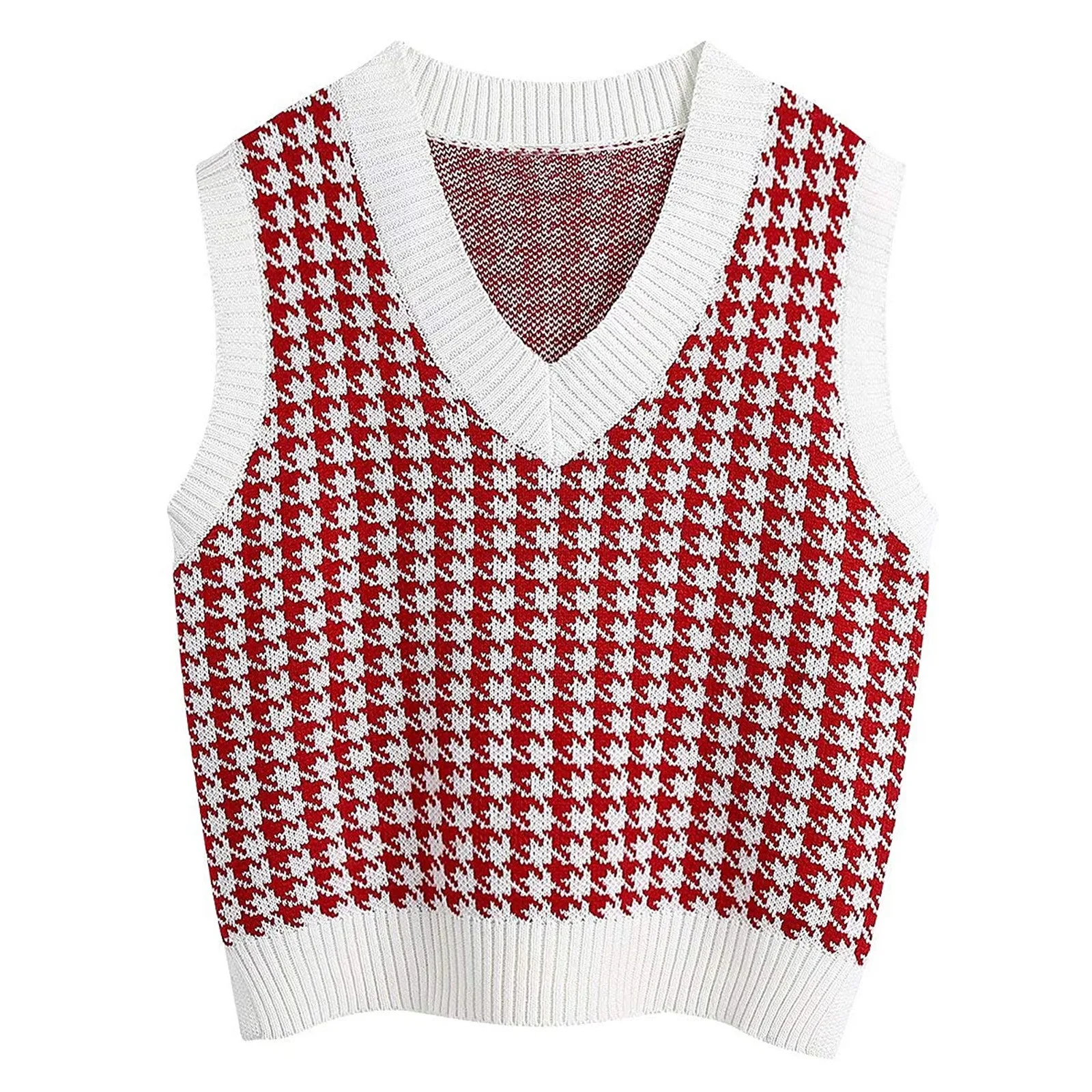 

Women'S Vest Casual V-Neck Pullover Shirt Collision Color Sleeveless Female Sweater Lattice Knitted Short Sweater Vest Autumn