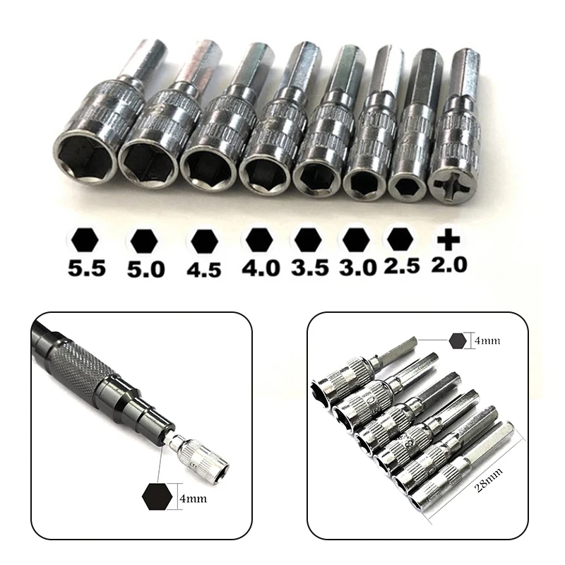 

8pcs Hex SocketH4 Screw Metric Driver Hand Tool Drill Bit PH2.0/M2.5-5.5mm Hex Shank Silver Tone Metal Hex Nut Socket Kit