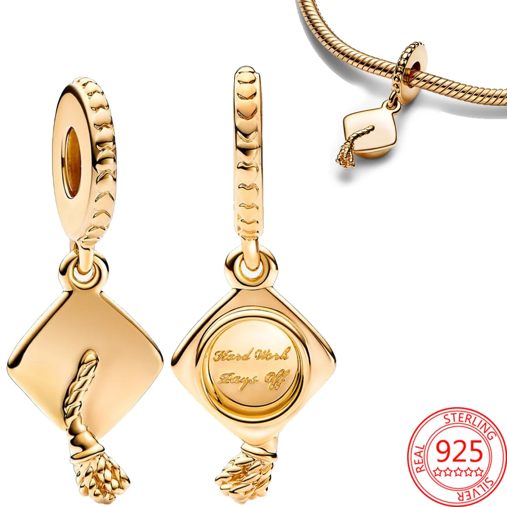

100% 925 Sterling Silver Gold Color Graduation Cap Dangle Charm fit Pandora Original Bracelet DIY Silver Jewelry For Women