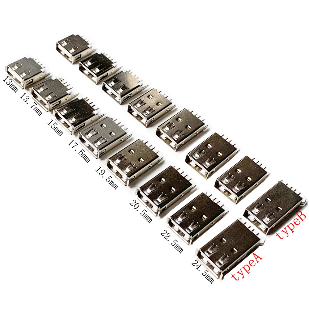 10pcs USB 2.0 Connector Length=13/13.7/15/17.5/19.5/20.5/24.5mm Female Socket Straight/Bent Feet 180degree DIP Curled/Flat Mouth
