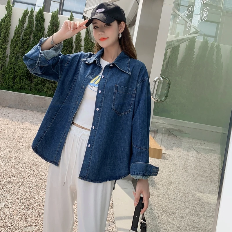 Женская джинсовая рубашка, винтажная однобортная рубашка свободного покроя с длинным рукавом, модель Z048 в Корейском стиле на осень