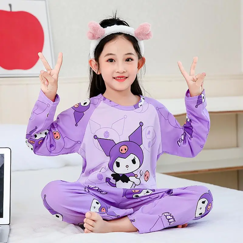 

Kawaii Sanrio Kuromi Hello Kitty Anime Children's Pajamas Girl Heart My Melody Boys and Girls Thin Long Sleeve Loungewear Set