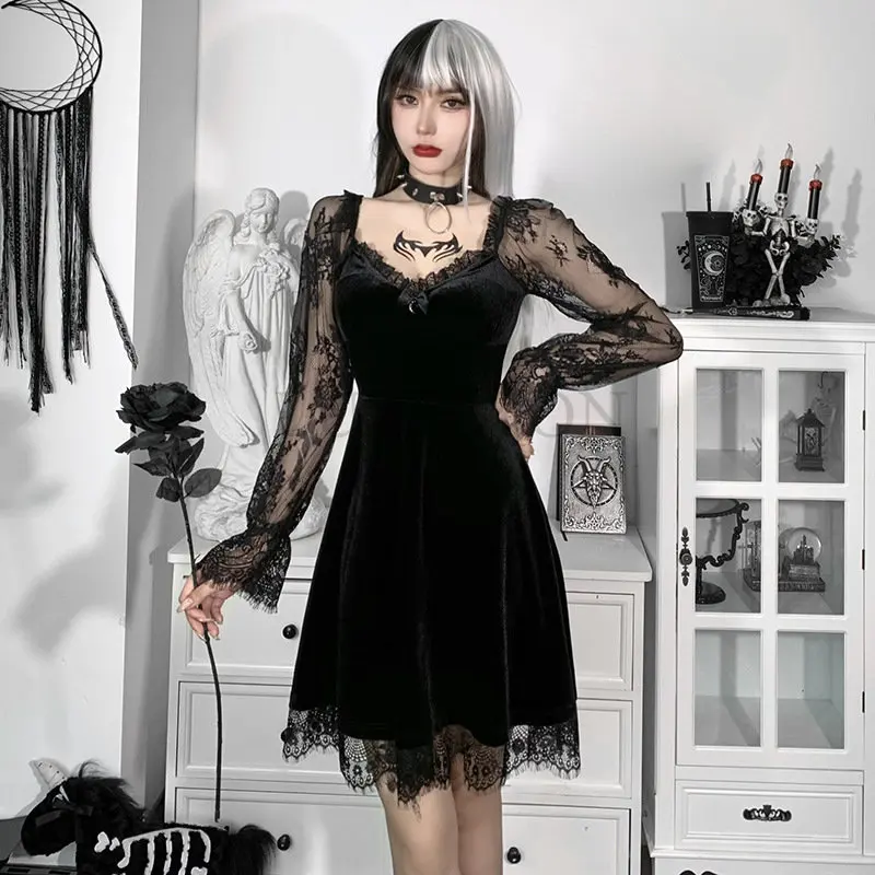 Купи Gothic Black Mini Dress Lace Trim High Waist Bodycon Dress Y2K Women 90s Vintage Punk Harajuku Lolita Clothes за 797 рублей в магазине AliExpress