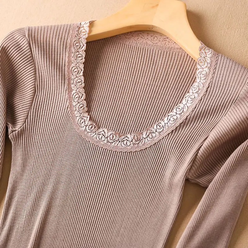 Silk Cotton Thermal Underwear Set Large Round Neck Lace Autumn and Winter Slim Solid Color Long Johns Single Layer Knitted Shirt
