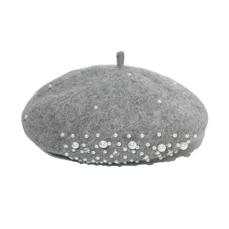 Берет с жемчугом Женский кашемировый берет в ретро стиле плоская однотонная