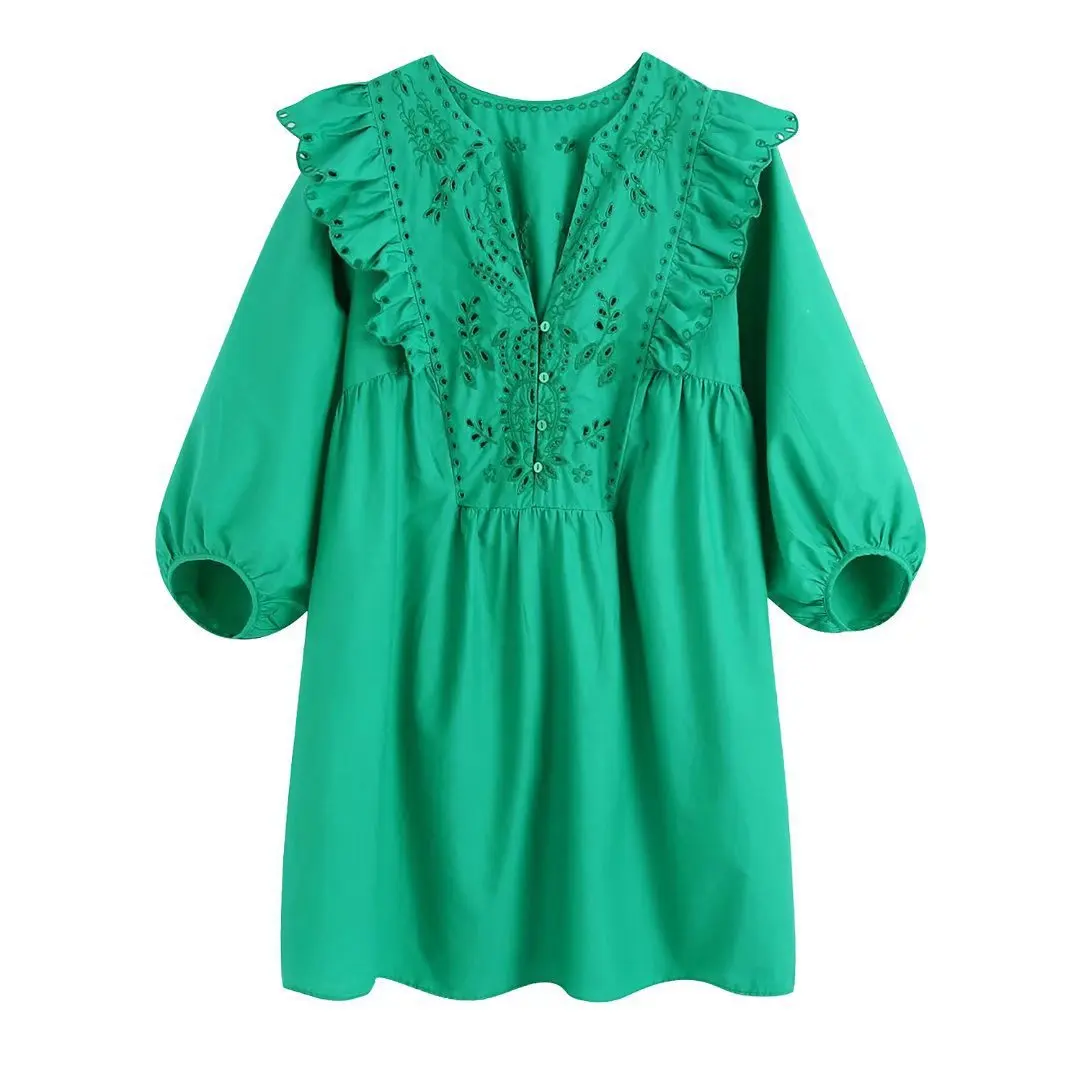 

Green Cutwork Embroidery Ruffled Poplin Female Loose Mini Dress Women Fashion V Neck Buttons Puff Sleeves Vintage Vestidos