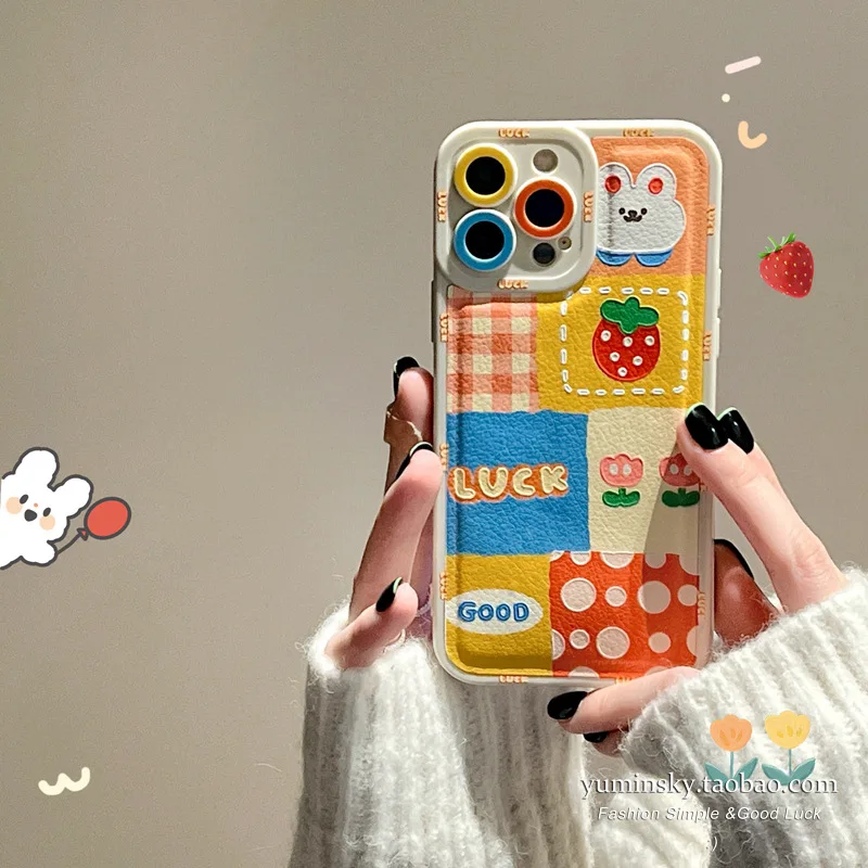 

Korean Style Cartoon Rabbit Cute Phone Case iPhone 13 11 Pro Max Mini X XS XR 7 8 Plus Contrast Color Strawberry Good Luck Case