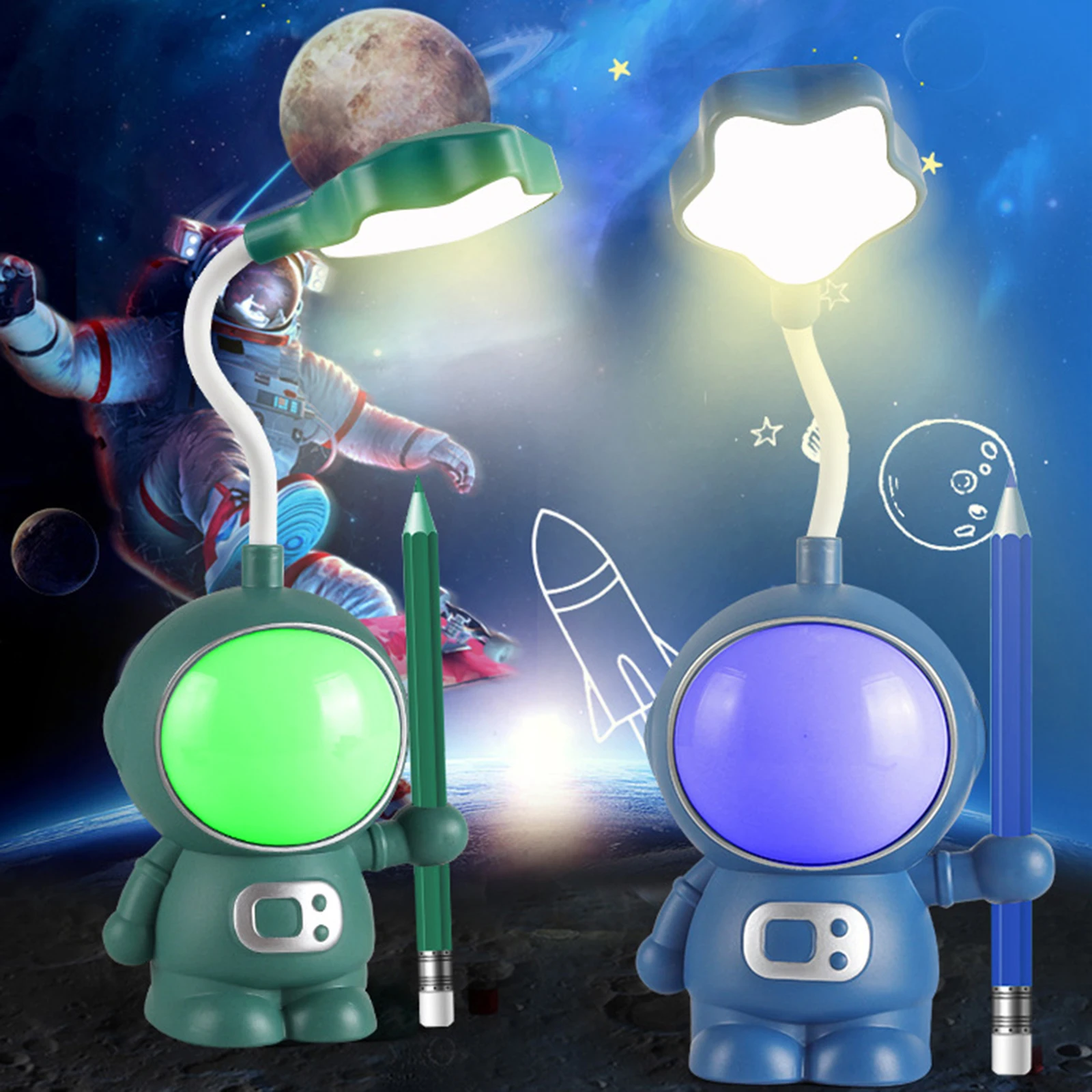 

LED Pen Holder Pencil Sharpening Cartoon Astronaut Desk Lamp Eye Protection 2 Gears Dimmable USB Charging for Student Dormitory