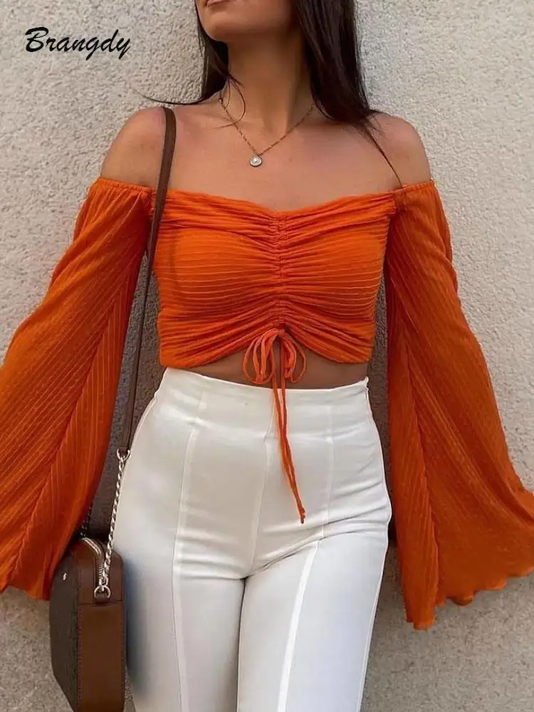 

Traf Off Shoulder Tops For Women Bouses French Style Shirts Female Summer Retro Flare Sleeve Shirt Sexy Halter Crop Tops Shirts