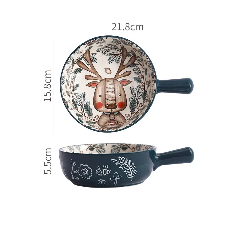 

Керамическая миска с одной ручкой, микроволновая печь, миска для запеченной рисовой лапши, креативная миска с мультяшными животными и цветами, рождественская декоративная тарелка