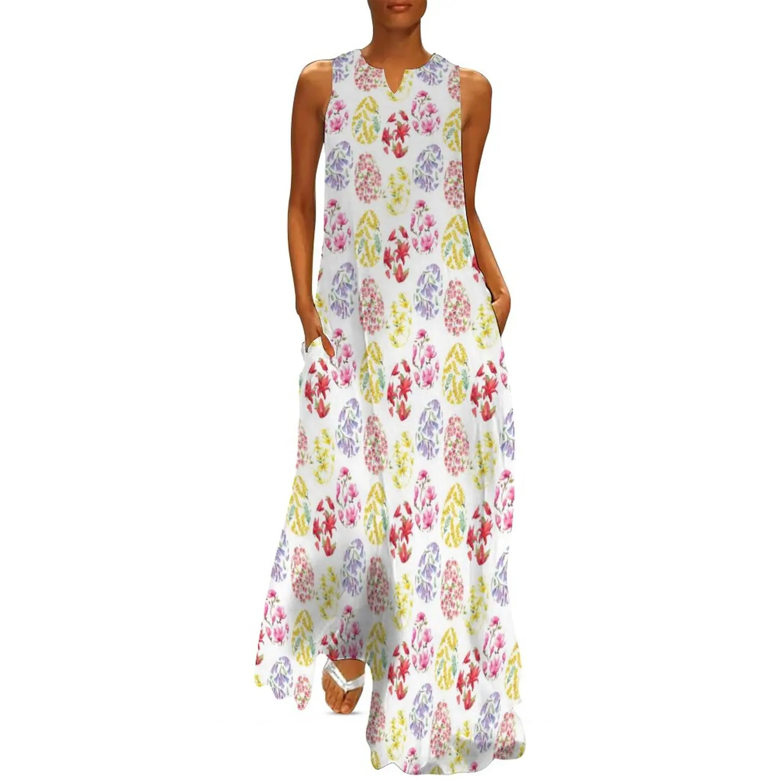

Easter Day Dress Floral Eggs Print Kawaii Maxi Dress V Neck Custom Casual Long Dresses Streetwear Oversized Vestidos