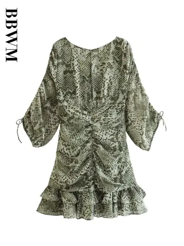 Animal Print Dress Woman Pleated Mini Dress Women Summer Ruffled Hem Mini Dresses 2023 V Neck Tied Slim Chic Female Dresses