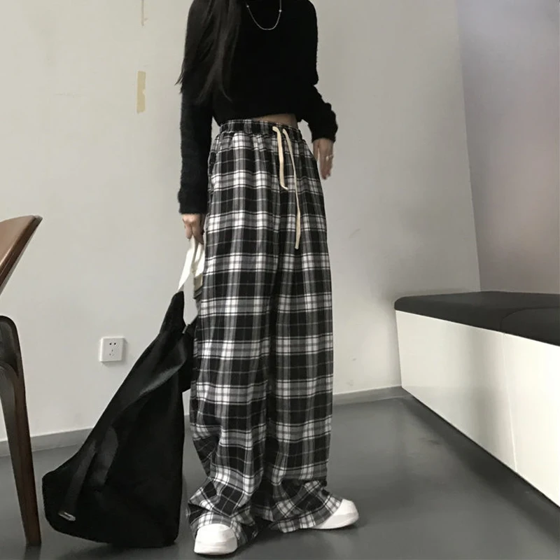 

Harajuku Black White Plaid Pants Women Summer Casual Wide Leg Trousers Korean Style Fashion Loose Straight Pants Y2k Bottom