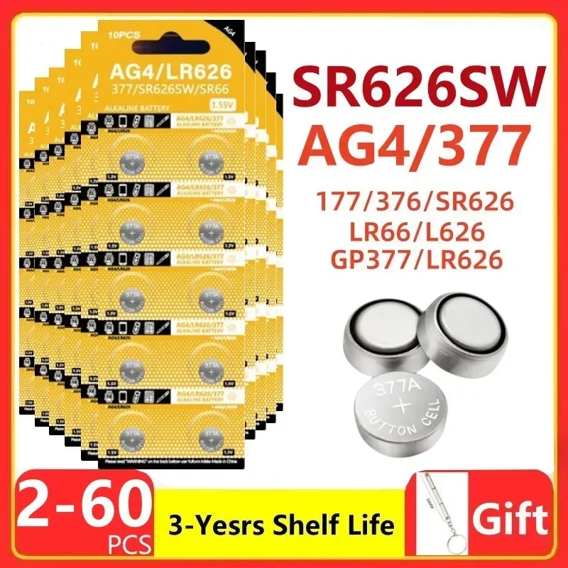 Батарейки-кнопки AG4 377 SR626SW SR626 щелочная батарея-монета 177 376 626A LR66 LR626 для часов