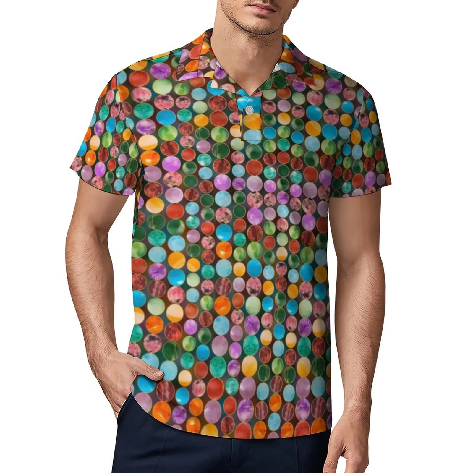 

Рубашка-поло с цветными бусинами, Повседневная рубашка с принтом из драгоценных камней, летние Забавные футболки, топ оверсайз с коротким р...