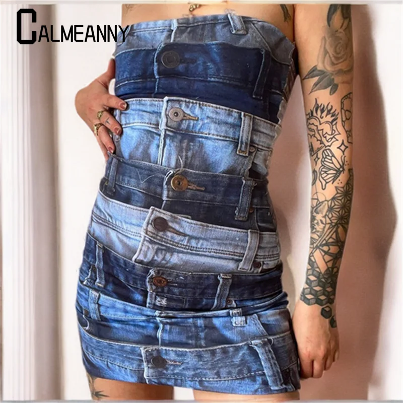 

Женское короткое платье с открытой спиной, без бретелек, из джинсовой ткани