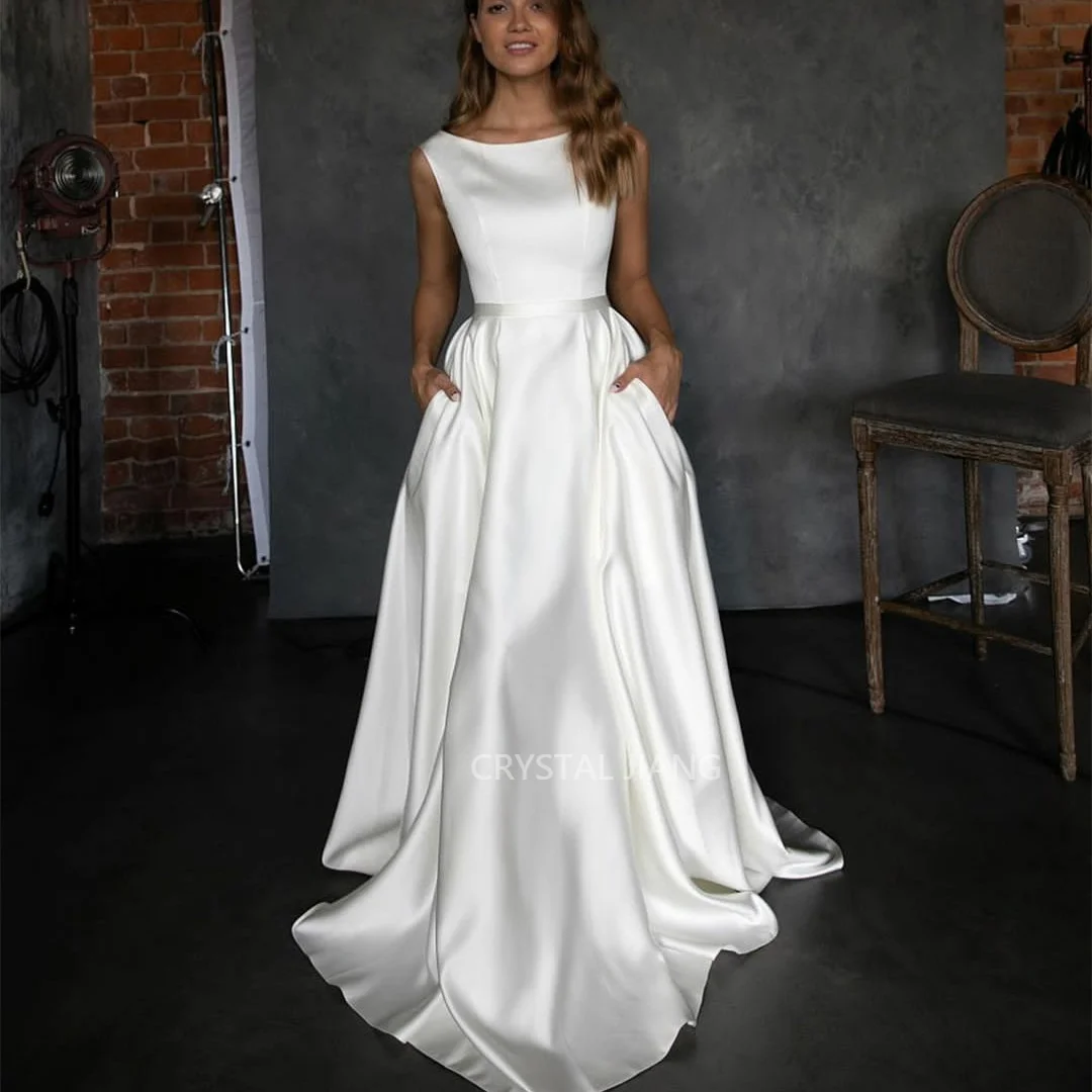 

Long Wedding Dresses O Neck Satin Natural Waist Sleeveless A Line Sweep Train Bridal Gowns Dresses for Women 2023