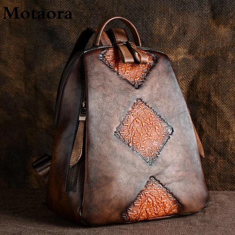 

Cowhide Backpacks Solid Women Women Floral Leather Handmade Muti-function Bag Fashion Color Retro Genuine Backpack Embossed For