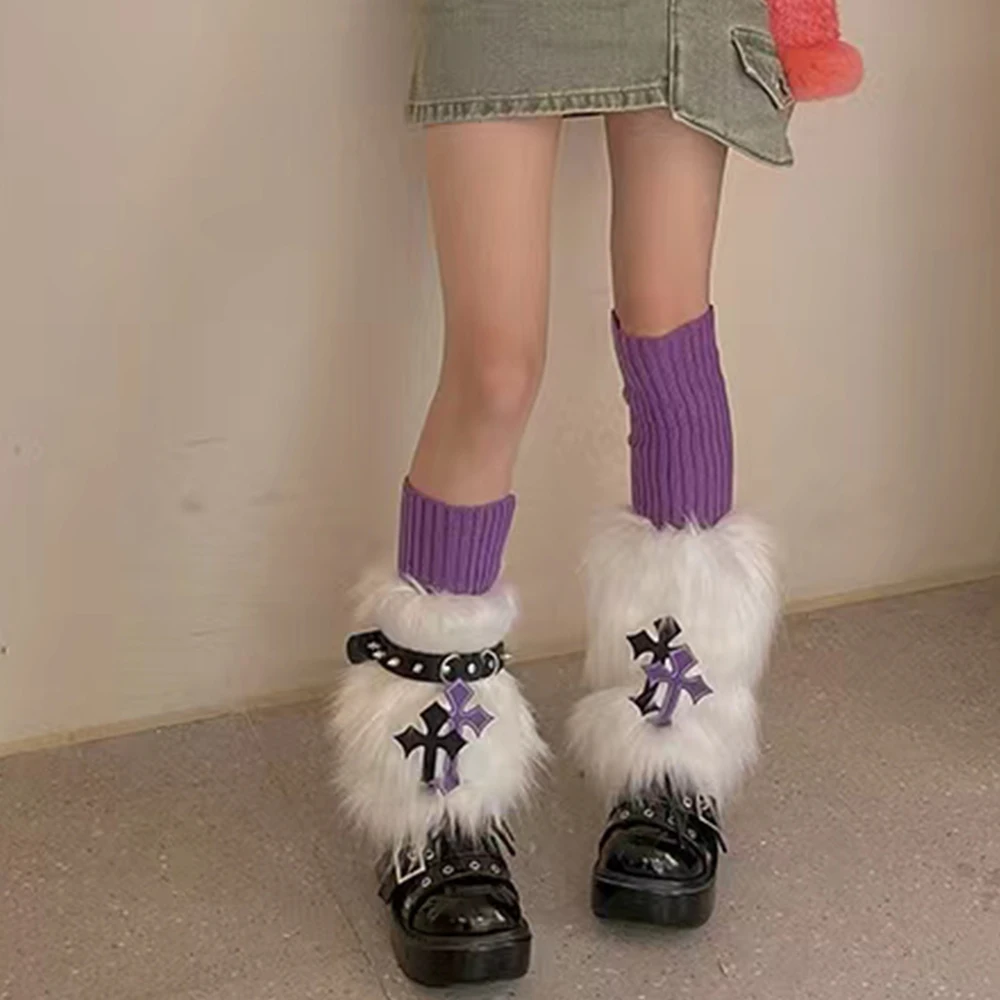 Furry Leg Warmers Set Y2K Goth White Faux Fur Cross Leg Warmers Boot Covers Lady Cute Jk Knee-length Hipster Warm Pink Socks