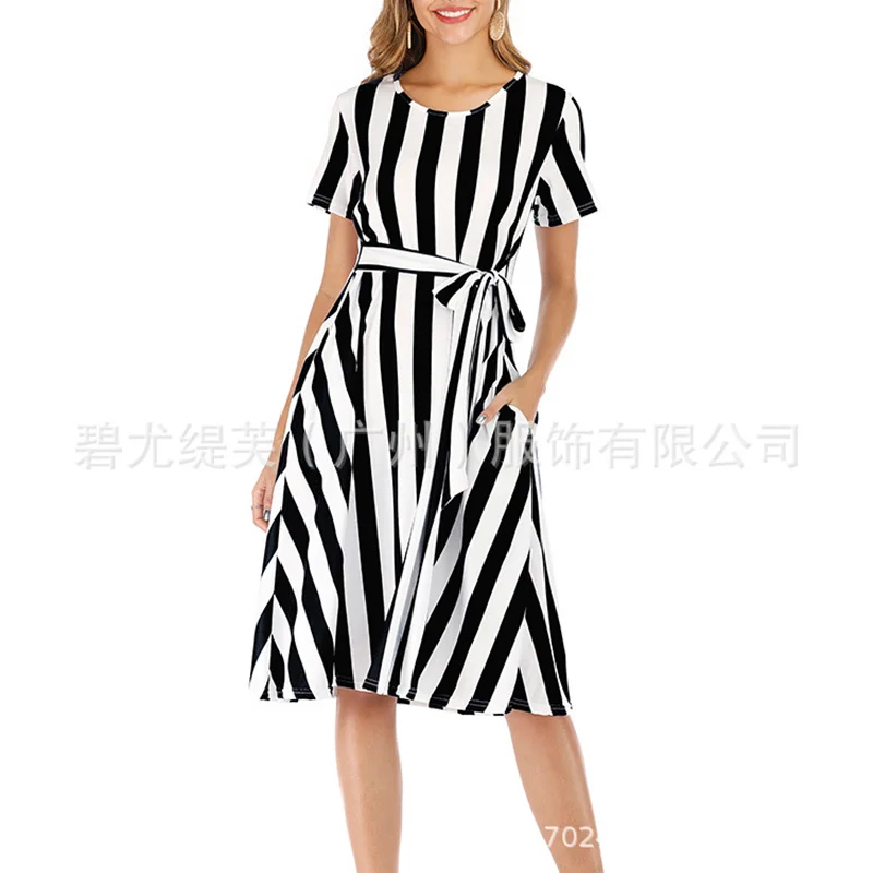 

and Spring Summer New Round Neck Short Sleeve Striped Lace Up Pocket Dress