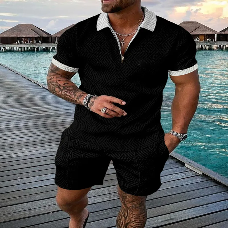 2023 Summer Men's Gradient blue Tracksuit Casual Short Sleeve Polo Shirt shorts Suit two-Piece Set Male Clothing Streetwear