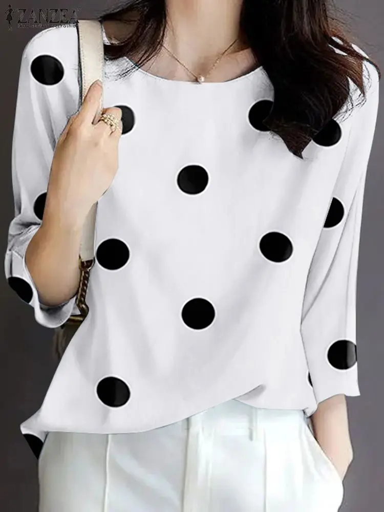 

2023 ZANZEA Fashion Women OL Polka Dot Printed Blouse Autumn Elegant 3/4 Sleeve Work Shirt Casual Loose Blusas Female Tunic Tops