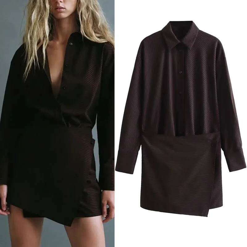 

TRAF Woman Pleats Pinstripe Shirt Dress Office Lady Lapel Long Sleeves Mini Shirtdresses Commuter Button Overlay Short Vestidos