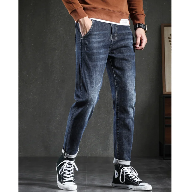 Streetwear Men 2022 Autumn New Pattern Korean Version Recreational  Elastic Force Jeans Plush Thickened Slim Navy Pants Female