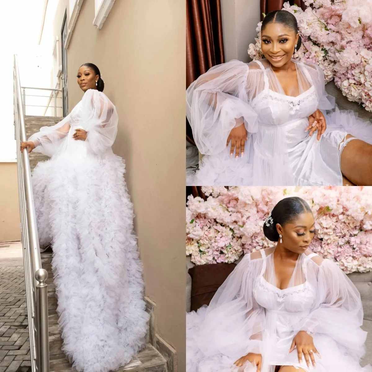 

White Tulle Ruffles Wedding Bridal Overdress Boudoir Maternity Robe Wedding Transparent Boho Bride