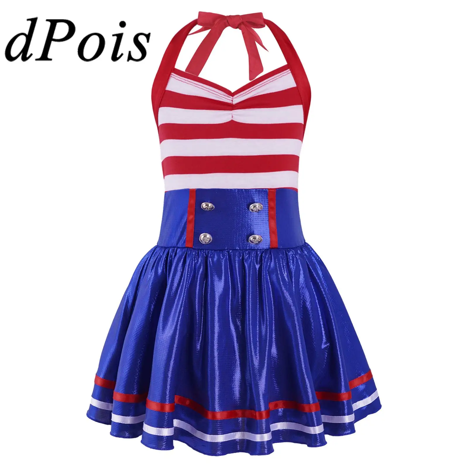

Kids Girls Halloween Navy Cosplay Dress Sleeveless Halter Neck Backless Dress Stage Performance Costume Theme Party Dress Up