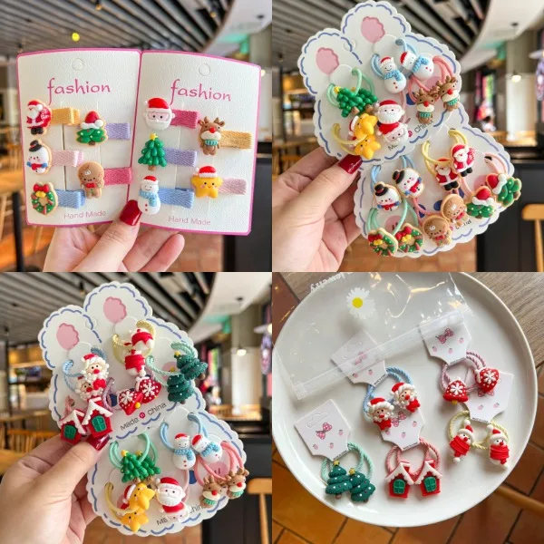 

5 Pairs Christmas Hairpin Festival Gift Hair Bands Hair Rings Elastic Girls Rubber Band Headwear Kids Hair Christmas Girl Gift