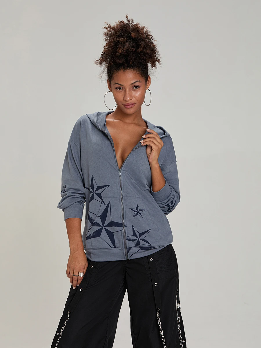 Женские готические толстовки на молнии в стиле панк с длинным рукавом и звездным