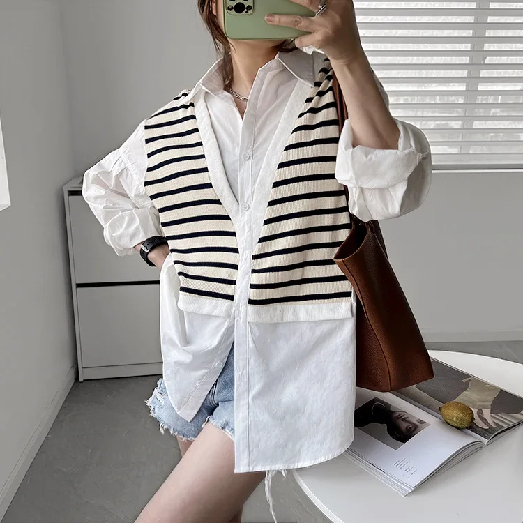 

Retro fake two-piece shirt women's design sense niche 2022 new Korean style long-sleeved striped stitching cotton jacket