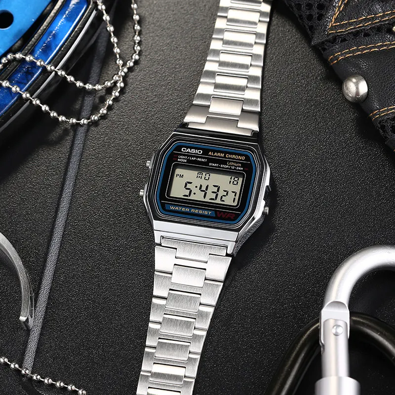 Фото Минималистичные ретро-часы Casio A158WA-1, цифровые наручные часы, водонепроницаемые, многофункциональные, повседневные, для студентов, подарочные часы №5