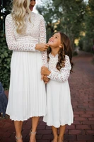 new mother and daughter matching clothes spring autumn elegant dress lace hollow women dress cute pleated dress for girls