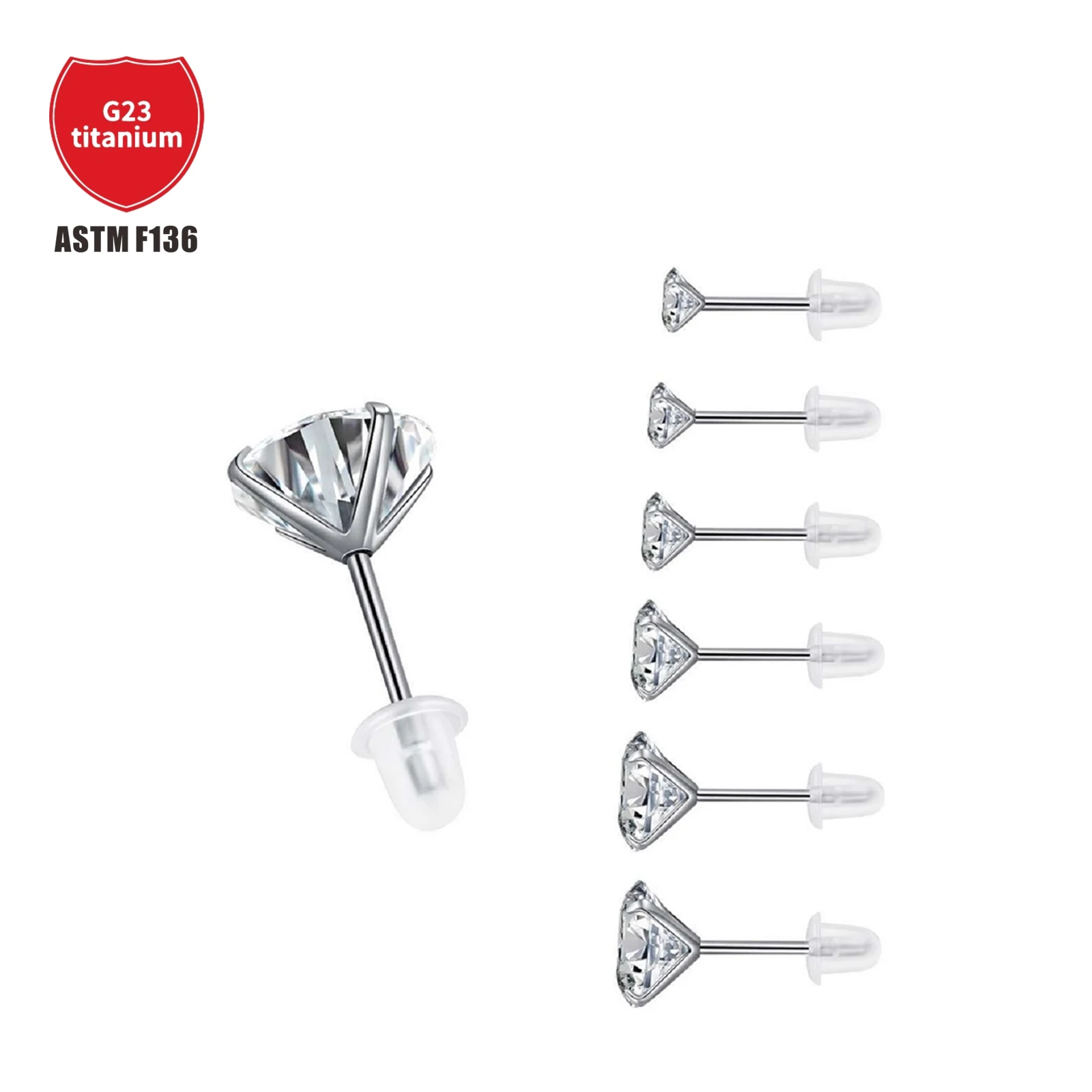 

6 Pairs Of (12) Titanium Earrings Fixed 3-8mm Shiny Cubic Zirconia Ear Screws For Anti-Allergic Medical Body Puncture Ornaments