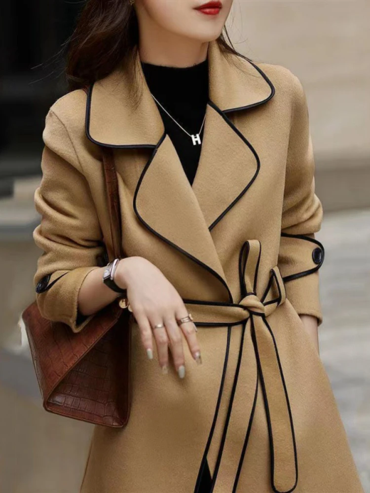 

Пальто женское зимнее однотонное свободного покроя, повседневное шерстяное пальто с поясом и длинными рукавами, элегантная приталенная куртка, 2023