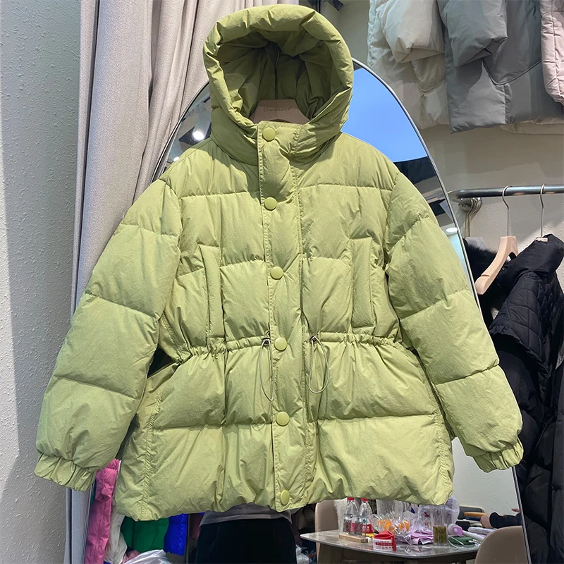 

Korea Down Jacket Women's New Winter Loose Thickened Waist Drawstring White Duck Down Jacket Long Sleeve Casual Coat H085
