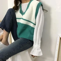 womens v neck loose striped color all match high waist wool sweaters female casual sweater vest spring and autumn pullover vest