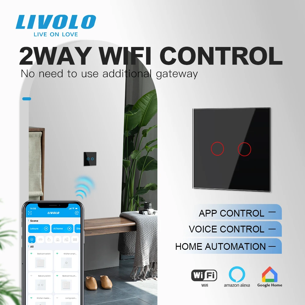 

Умный сенсорный настенный выключатель Livolo, Wi-Fi, стеклянная панель, однополюсный нейтральный, не требуется концентратор, 2 канала