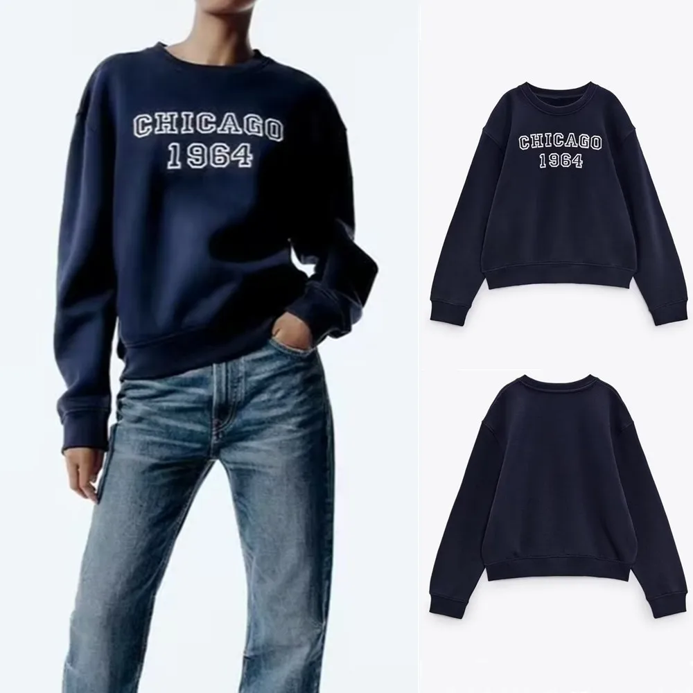 

Новинка Осень 2023 женская одежда UNIZERA в европейском и американском стиле свободный универсальный модный пуловер с круглым вырезом и длинным рукавом с принтом