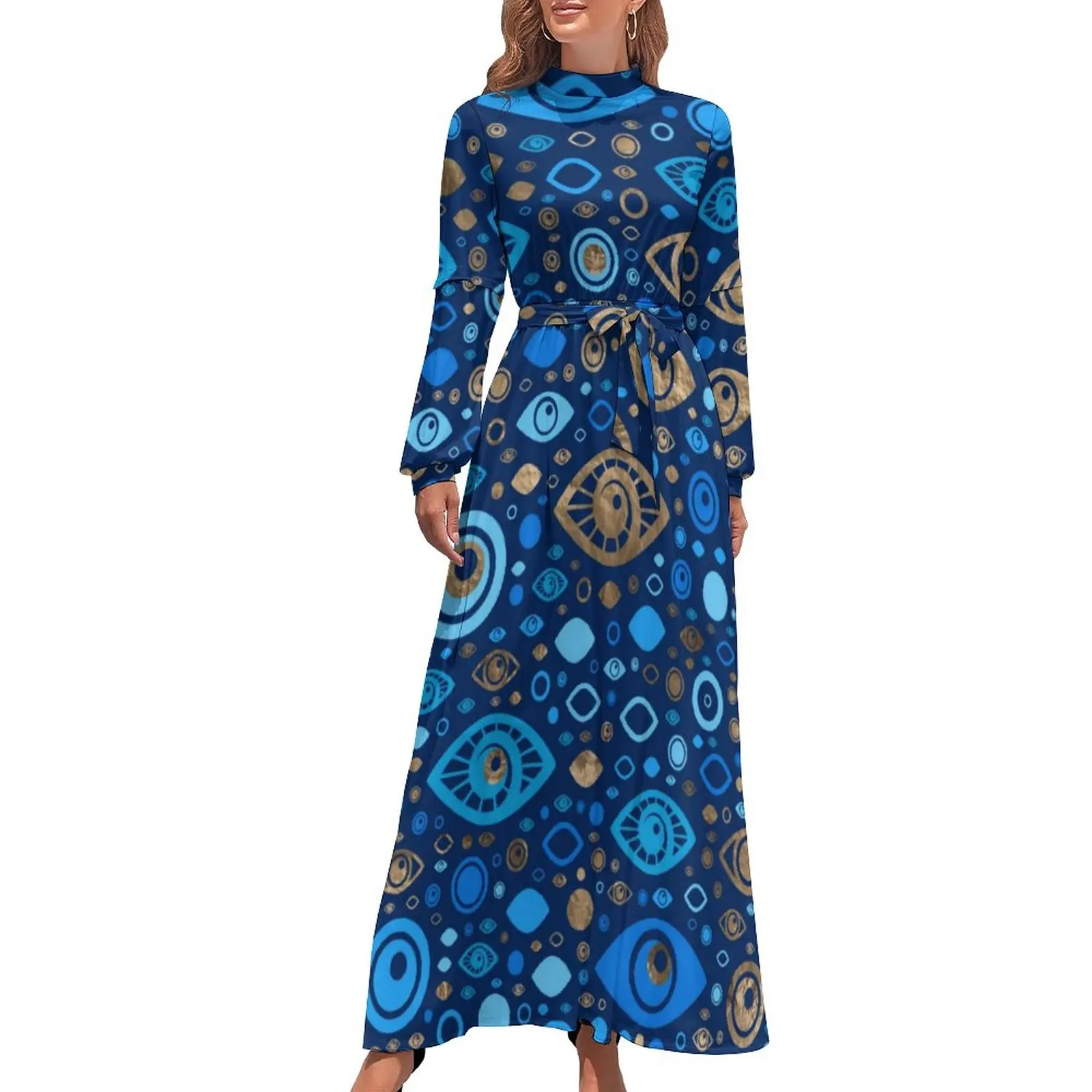 

Greek Evil Eye Dress Long Sleeve Blues and Gold Trendy Maxi Dress High Neck Stylish Custom Bohemia Long Dresses Gift