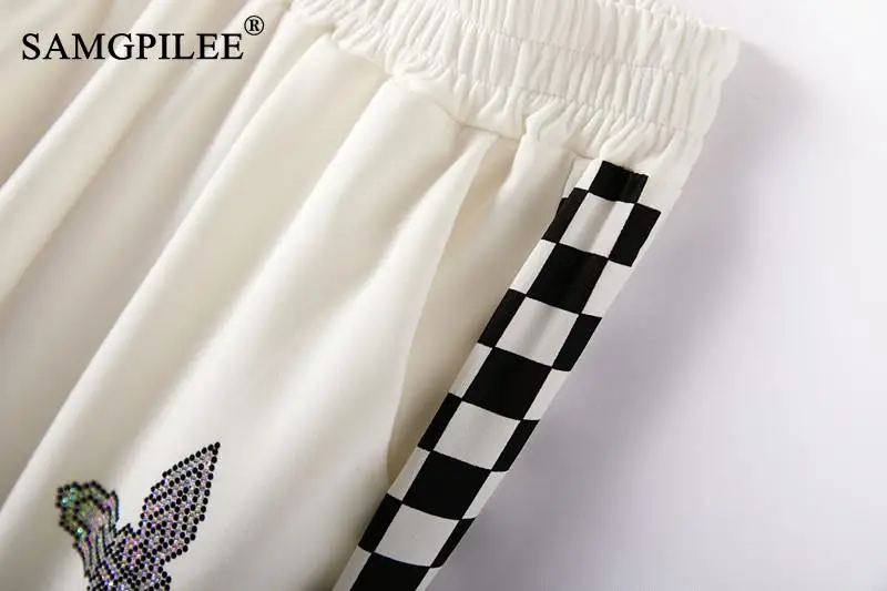 Two Piece Sets Womens Outifits Contrast Plaid Hot Drill O Neck T-shirt Beam Mouth Elastic Waist Women's Pants Set Woman 2 Pieces 4 Two Piece Sets Womens Outifits Contrast Plaid Hot Drill O Neck T-shirt Beam Mouth Elastic Waist Women's Pants Set Woman 2 Pieces 4