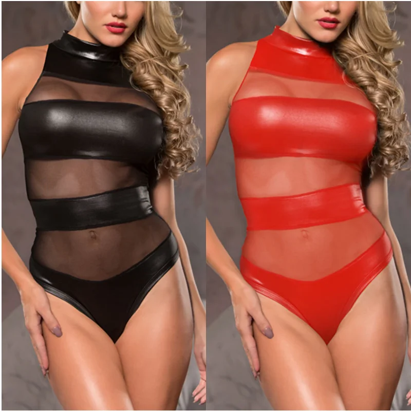 

Женское сексуальное боди, очаровательное красное пикантное нижнее белье из лакированной кожи, Порно комбинезон на молнии, Новый сетчатый п...