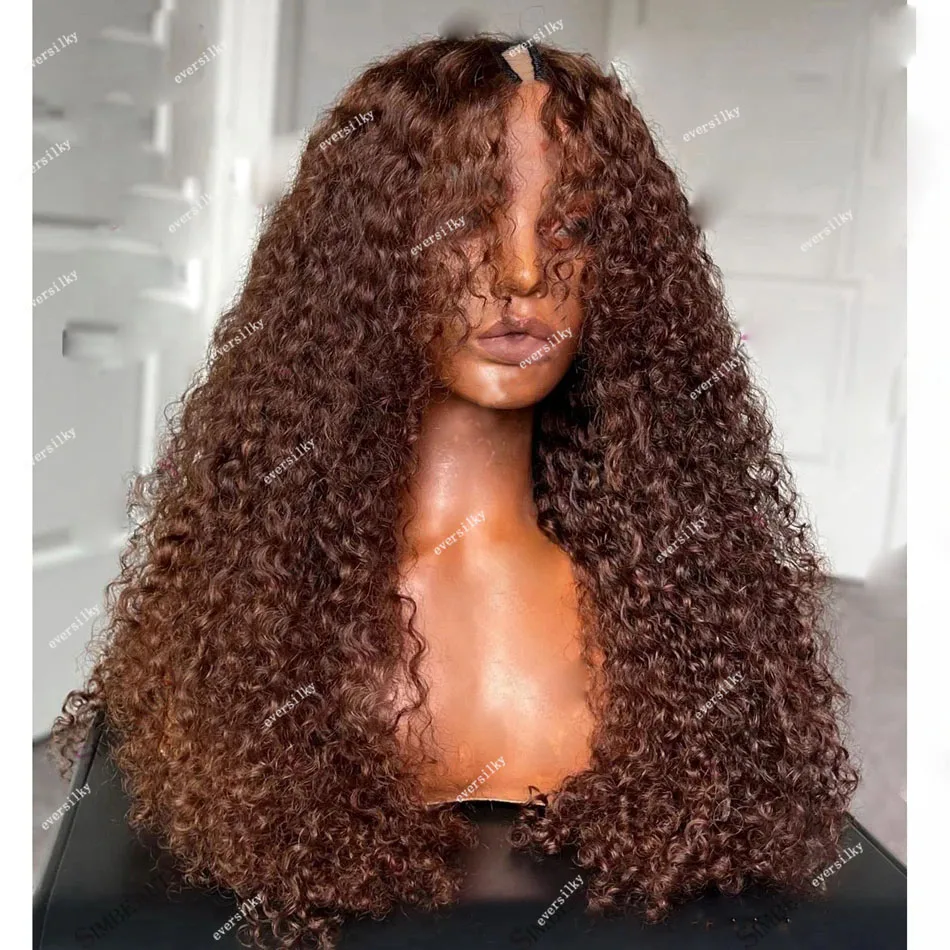 Ombre Chestnut Brown Kinky Curly Glueless V Part Wig With Clips 100% Human Hair Chocolate Blonde Water Wave U Shape 250Density