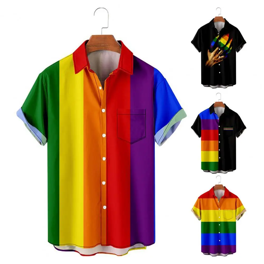 

Loose Men Shirt Turn-down Collar Plus Size Men Shirt Trendy Rainbow Color Plus Size Beach Shirt Men Clothing