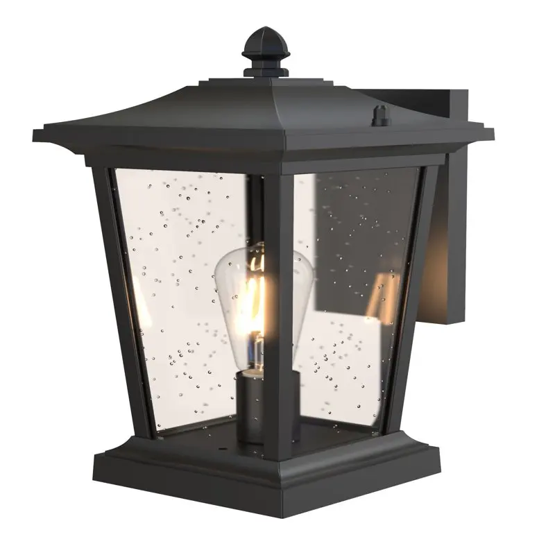 

Elegant Matte Black Seeded Glass Outdoor Wall Mount Lantern Light for Homes and Gardens.