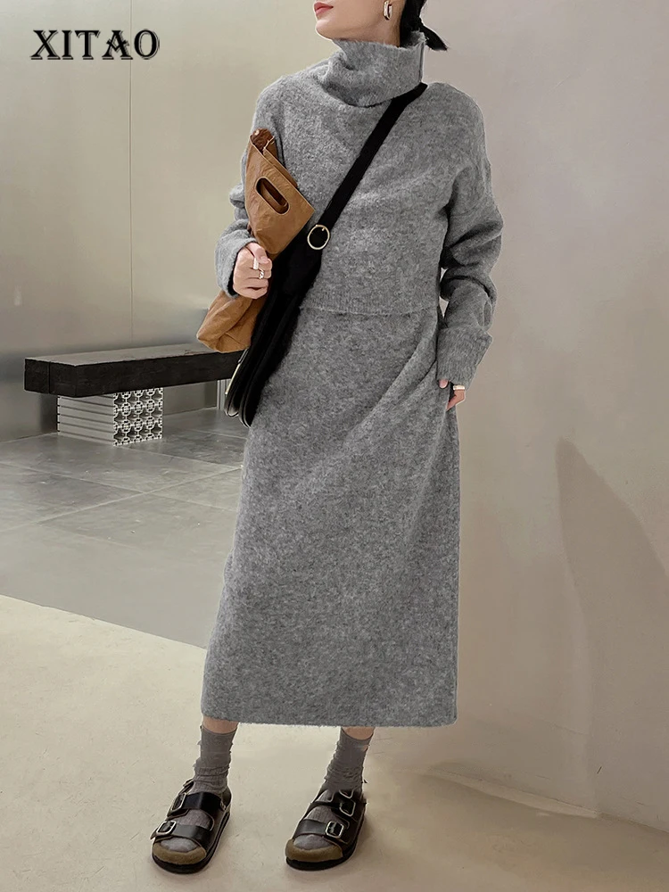 

XITAO Casual Knitting Dress Solid Color Turtleneck Pullover Sweater Collocation Sleeveless Knitting Two Pieces Sets SMH1145