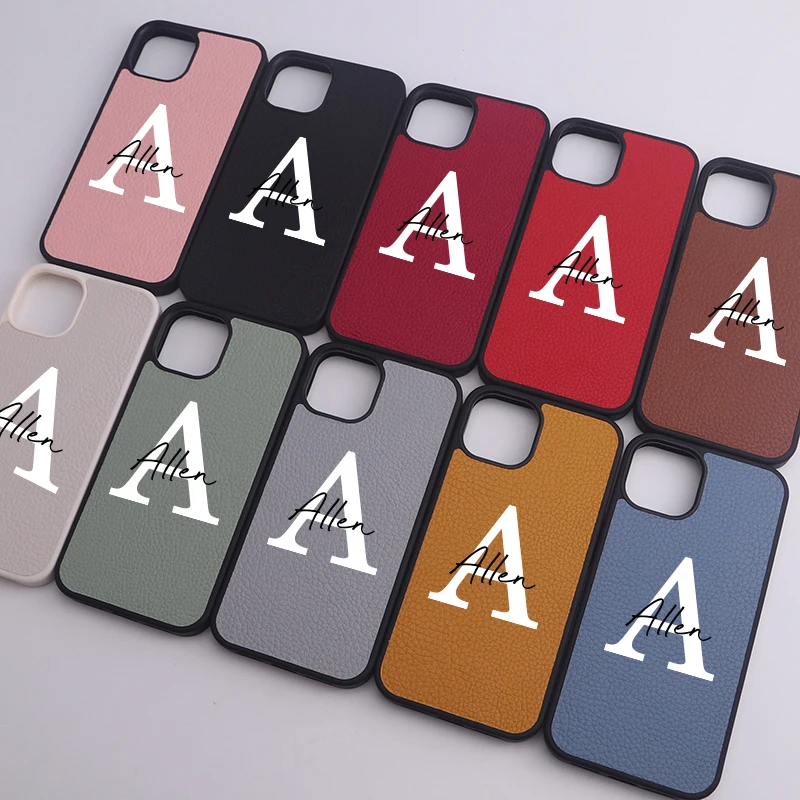 

Custom Initial Name Pebble Leather Phone Case For iPhone14 14ProMax 14Plus 13Promax 13 12 Personalized Soft Colorful Phone Cover